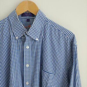 Alan Flusser Mens Large 100% cotton blue white checked button down shirt